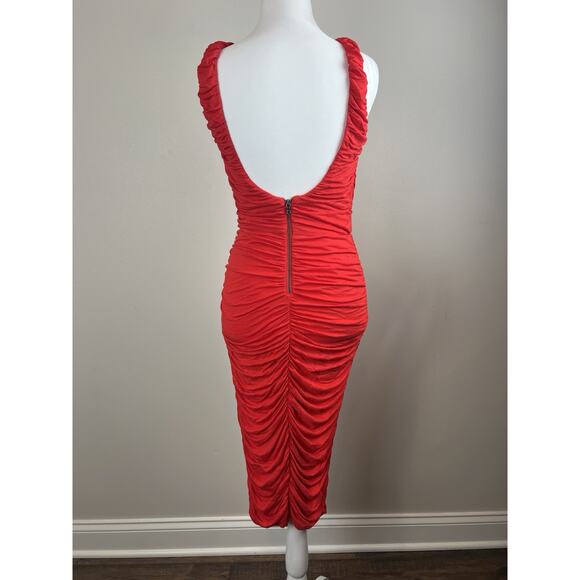 Alice + Olivia Ruched Bodycon Midi Dress Sleeveless Open Low Back Red Sz 4 - Picture 3 of 7